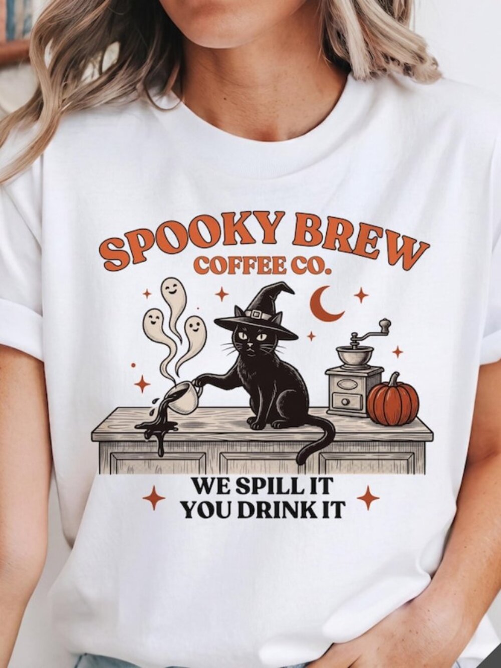 Black Cat Halloween Tshirt, Spooky Kitty Coffee Shirt